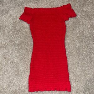 Red bodycon off the shoulder dress
